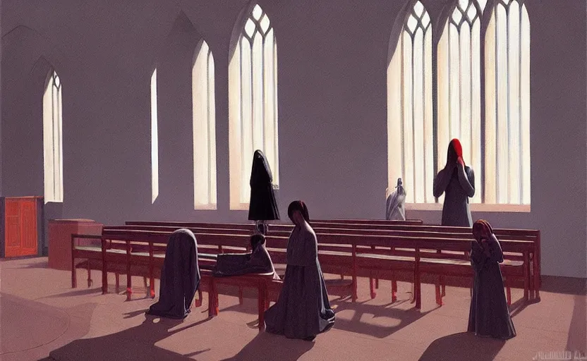 Prompt: inside a church with womens praying wearin black dress, very coherent, painted by Edward Hopper, Wayne Barlowe, painted by James Gilleard, airbrush, art by JamesJean