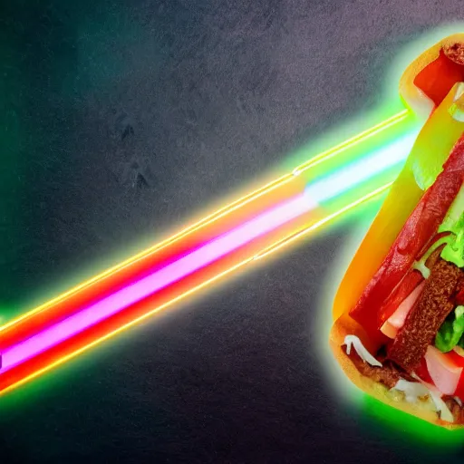 Prompt: an extremely high quality photo of a surreal neon-lightsaber-sandwich, ((sandwich)) creation, a hybrid mixture of lightsabersandwich filled with lightsaber neons and sandwichlightsaberneontube-tomatos, neon tubesauce drizzled, drooping lightsaber lettuce, glowing sandwich, radioactive sandwich, promotional photo, 4k polymer clay food photography