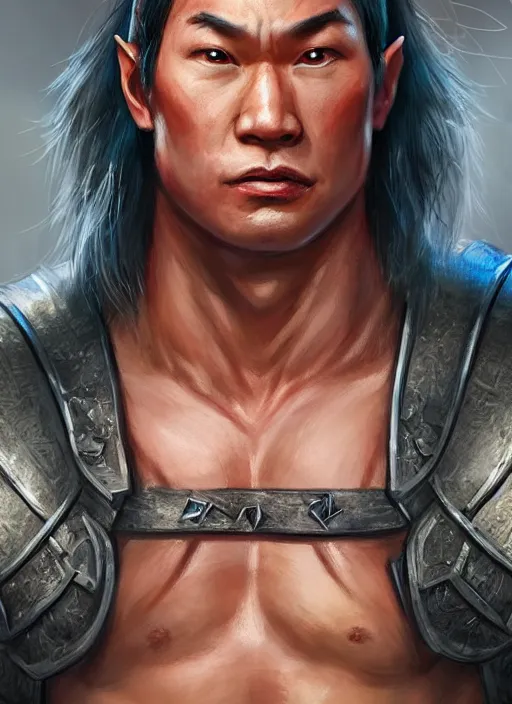 Image similar to muscly asian man middle parted hair, dndbeyond, bright, colourful, realistic, dnd character portrait, full body, pathfinder, pinterest, art by ralph horsley, dnd, rpg, lotr game design fanart by concept art, behance hd, artstation, deviantart, hdr render in unreal engine 5