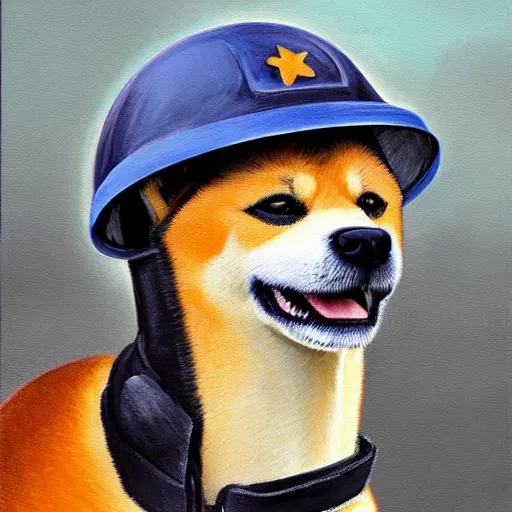 Image similar to A painting of a Shiba Inu dog wearing a soldier's helmet