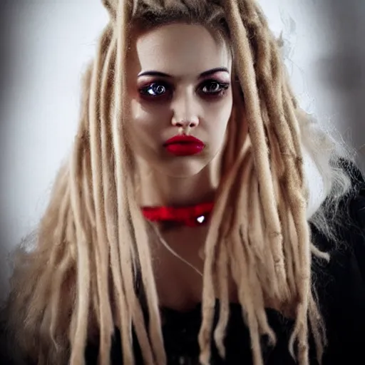 Image similar to instagram photography flawless beautiful female with blonde and red dreadlocks in a black ballgown, dark, piercing eyes, exotic stoic expression, photorealistic, highly detailed, mysterious lighting, smooth, sharp focus, 8 0 mm camera