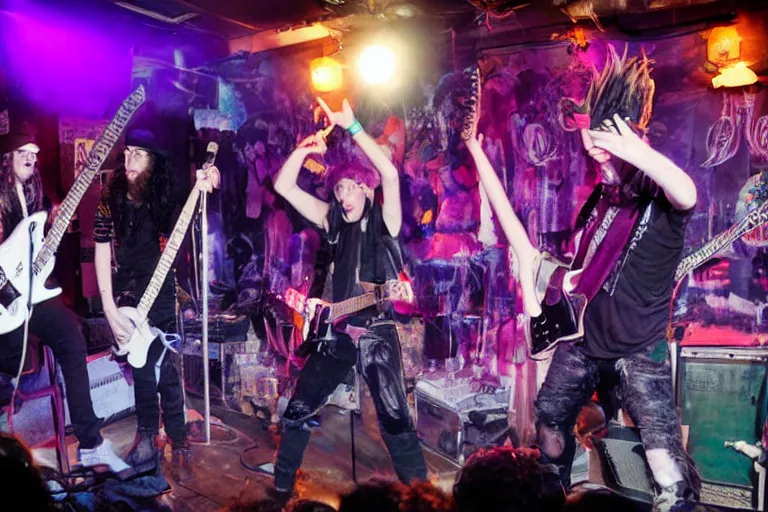 Prompt: energetic photo of a punk band performing live at CBGB with wizard Gandalf in purple wizard clothes as their lead singer