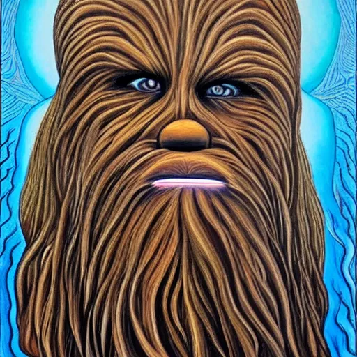 Prompt: A painting of chewbacca thinking designed by alex grey, flooko, etheral, detailed, glows,