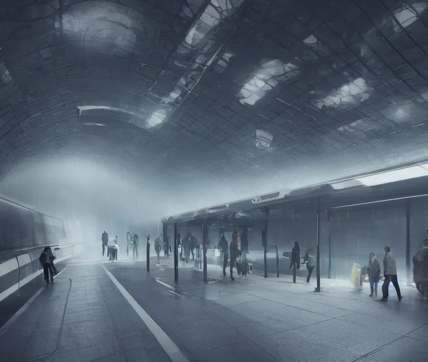 Image similar to Futuristic subway station , gloomy and foggy atmosphere, octane render, artstation trending, horror scene, highly detailded