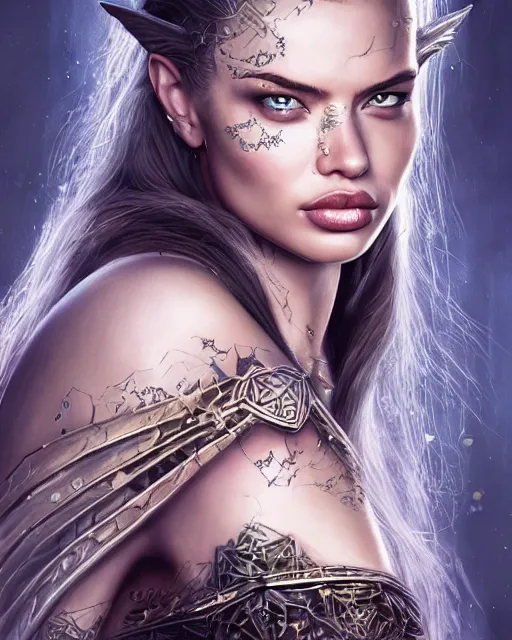 Image similar to face-centred portrait Adriana Lima as Galadriel, body covered in elfish tattoos , open magic book glowing, D&D, fantasy, highly detailed, digital art, fantasy illustration, trending on artstation, smooth, sharp focus, illustration, art by artgem and ROBERT HYNES