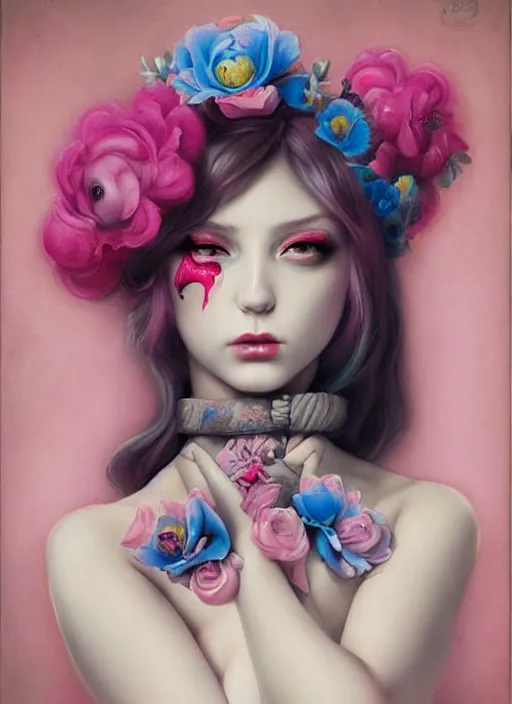 Prompt: pop surrealism, lowbrow art, realistic seductive cute woman profile figure painting, pink body harness, japanese shibari with blue flowers, hyper realism, muted colours, rococo, natalie shau, loreta lux, tom bagshaw, mark ryden, trevor brown style,