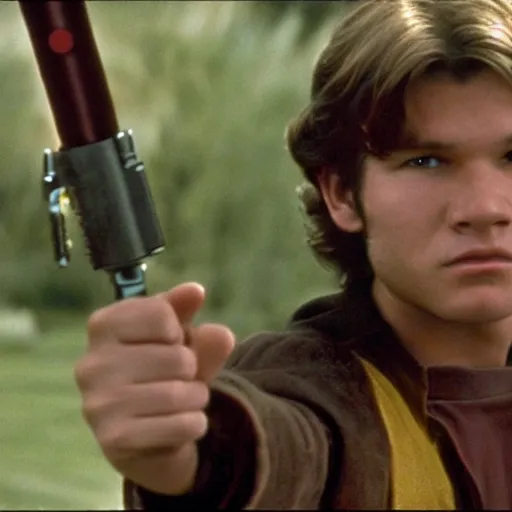 Image similar to A full color still from a film of a teenage Han Solo as a Jedi padawan holding a lightsaber hilt, from The Phantom Menace, directed by Steven Spielberg, 35mm 1990