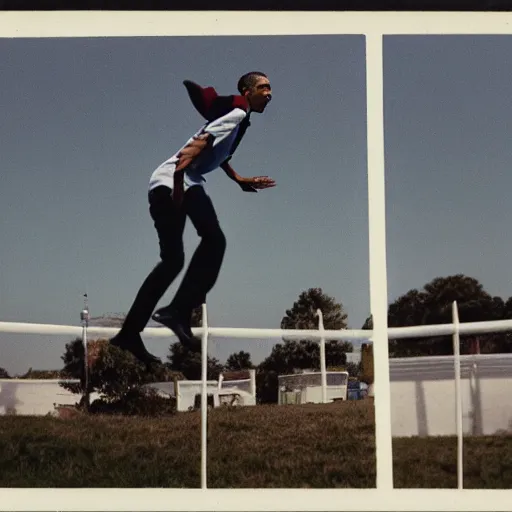 Image similar to barack obama jumping over fence. film strip. 9 frames.