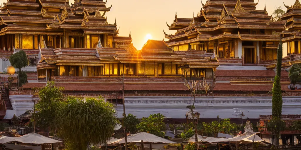 Image similar to beautiful!!!! environmental! shot photograph of the mandalay palace in the golden hour, Ultra-wide Angle, DSLR, cinematic lighting, 4k, award-winning