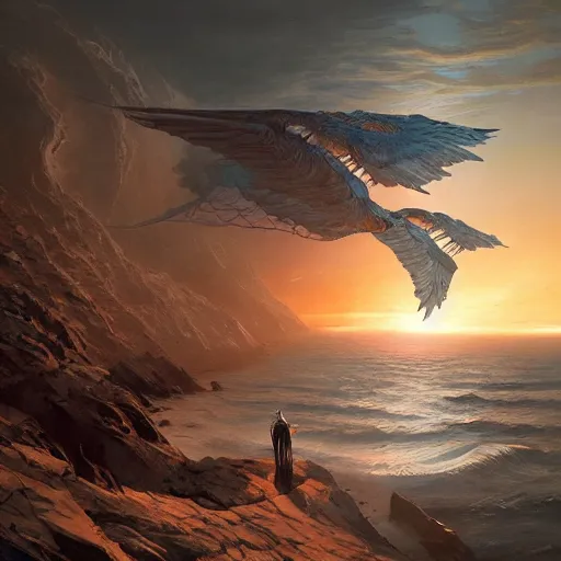 Image similar to illuminated tron wings in front sunset, cliffside ocean scene, backlit, diffuse lighting, hyper realistic, elegant, intricate, hyper detailed, smooth, sharp focus, concept art, illustration, trending on artstation, art by artem demura, greg rutkowski, james gurney, and alphonse mucha