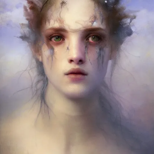 Image similar to dreams of the fae; three-quarters portrait; heterochromia; oil paints; 8k, surrealism, abstract imagery by Aleksi Briclot and Ivan Aivazovsky; blotchy skin, piercing eyes, flowing hair, underwater