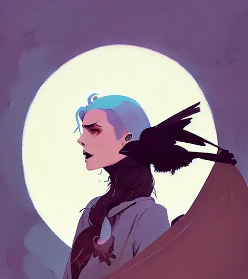 Prompt: portrait of beautiful witch, ravens, feathers, by atey ghailan, by greg rutkowski, by greg tocchini, by james gilleard, by joe fenton, by kaethe butcher, dynamic lighting, gradient light blue, brown, blonde cream and white color scheme, grunge aesthetic