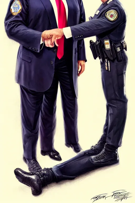 Image similar to donald trump being handcuffed by a police officer front of a police car, elegant, real life skin, intricate, high detailed, artstation, concept art, smooth, sharp focus, art by artgerm and greg rutkowski