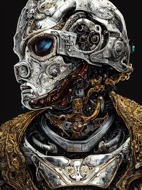 Image similar to portrait art of 8k ultra realistic artificial intelligence , detailed intricate ornate armour,decaying, cybernetic, full of colour, cinematic lighting, battered, trending on artstation, 4k, hyperrealistic, focused, extreme details,unreal engine 5, cinematic, masterpiece, art by ayami kojima, giger