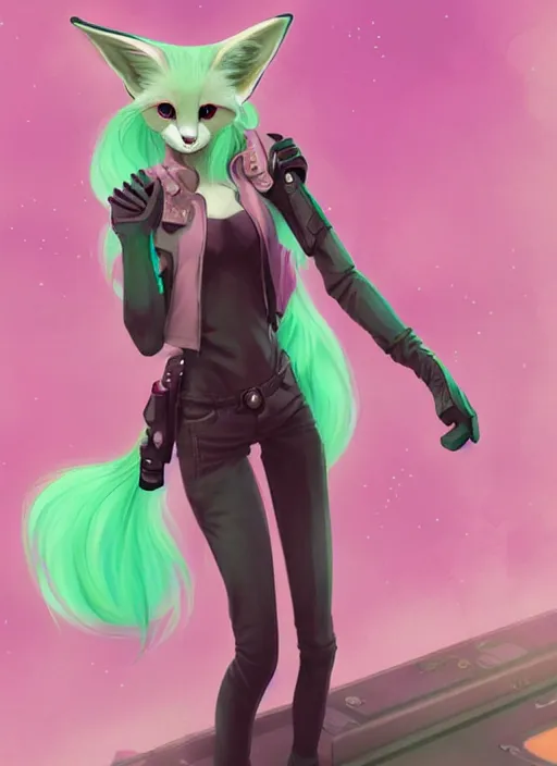 Image similar to beautiful portrait commission of a cute female pink furry anthro fennec fox fursona casual clothes in a futuristic mechanical laboratory. green hair. character design by charlie bowater, ross tran, artgerm, and makoto shinkai, detailed, inked, western comic book art