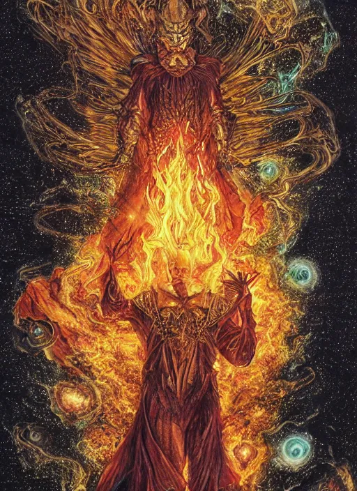 Image similar to high intricate colored ink drawing of the sandman holding a glimmering fire - galaxy, full shot, neil gaiman, maria panfilova, andrea savchenko, mike kime, ludovic plouffe, qi sheng luo, oliver cook, julian calle, eddie mendoza, trending on artstation