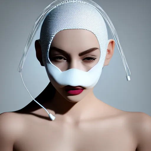 Prompt: complex 3 d render, ultra detailed, beautiful natural light, studio lights, rim light, a woman wearing a white mask with black wires on her head, featured on behance, net art, made of wire, 5 0 mm lens, elegant, hyper realistic, ultra detailed, octane render, volumetric lighting, 8 k post - production