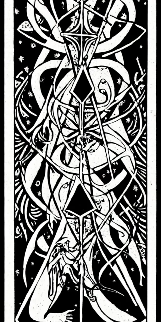 Image similar to a beautiful black and white fractal tarot card featuring bold occult imagery with clean lines. female demon.