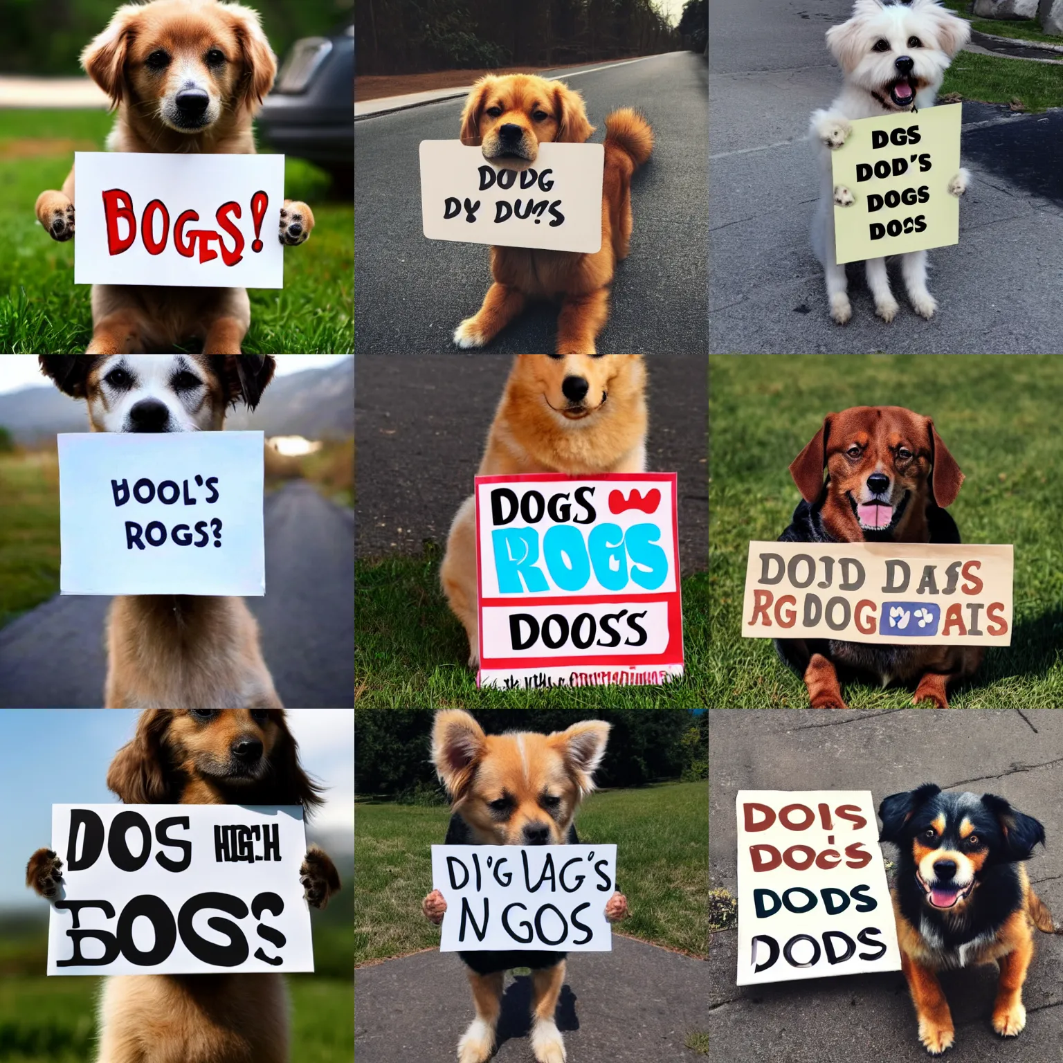 Image similar to realistic high quality photo of a cute dog holding a sign with text that reads : dogs