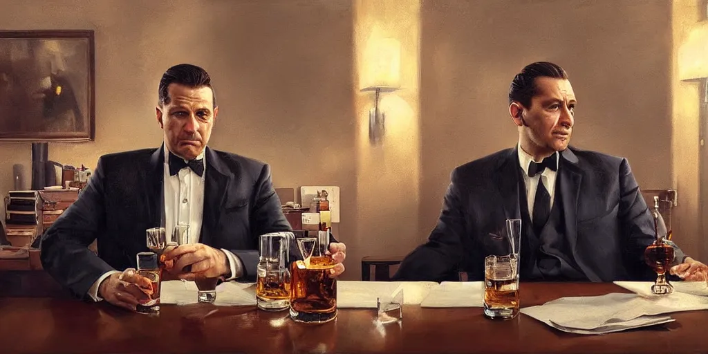 Image similar to beautiful oil matte portrait painting, mafia boss drinking whiskey at his 5 0 s new york office desk, wonderful masterpiece highly detailed, beautiful cinematic light deep focus, elegant, digital painting, smooth, sharp focus, golden ratio, dramatic illumination, ultra realistic, 8 k, art by jimmy law