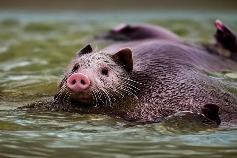 Image similar to a pig sea otter!!! hybrid! hyper realistic!! realistic lighting!! wildlife photographer of the year!!! bold natural colors, national geographic, hd, wide angle, 8 k