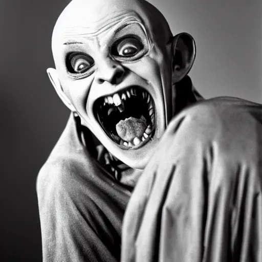 Prompt: nosferatu laughing after he's been told the funniest joke he ever heard, tears streaming from his eyes, professional photograph, black and white