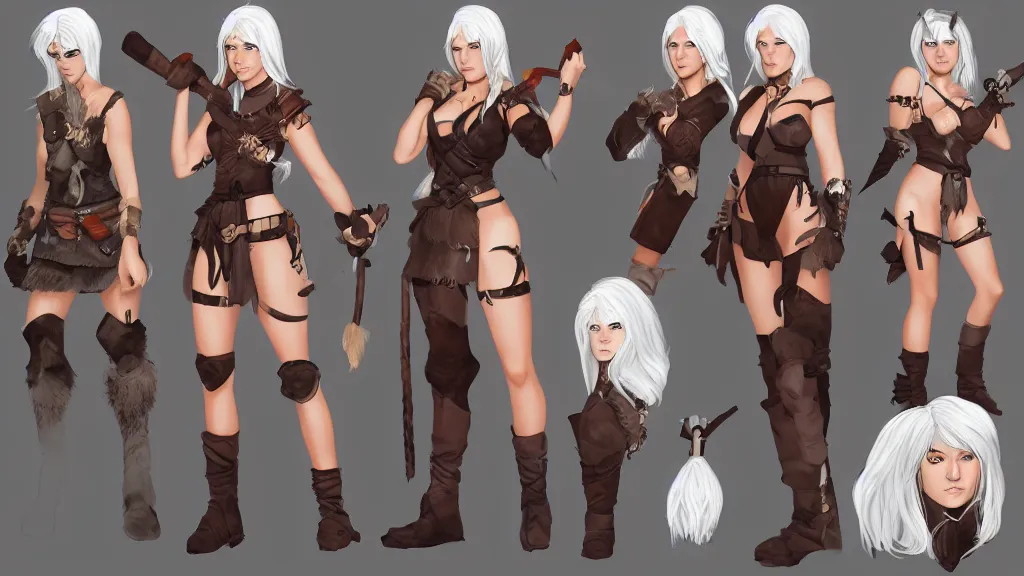 Image similar to a fantasy female barbarian with white hair character design sheet, trending on artstation