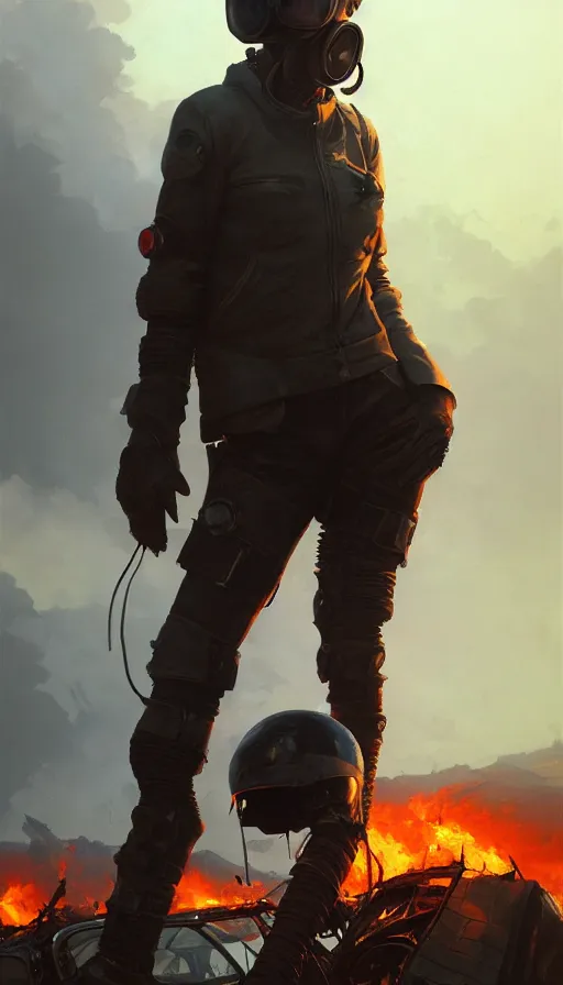 Image similar to a ultradetailed beautiful panting of post apocalyptic biker with helmet in front of crashed airplane burning, by ilya kuvshinov, greg rutkowski and makoto shinkai, trending on artstation