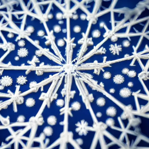 Image similar to close-up of an intricate snowflake against a navy backdrop