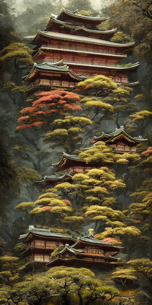 Image similar to japanese style palace on a mountain overgrown by glowing mushrooms, hyper realistic, lush gnarly plants, 8 k, denoised, by greg rutkowski, tom bagshaw, james gurney cinematic lighting
