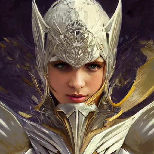 Prompt: knight with a Platinum Armor, Wings on the head，portrait, intricate, elegant, highly detailed, digital painting, artstation, concept art, smooth, sharp focus, illustration, art by artgerm and greg rutkowski and alphonse mucha