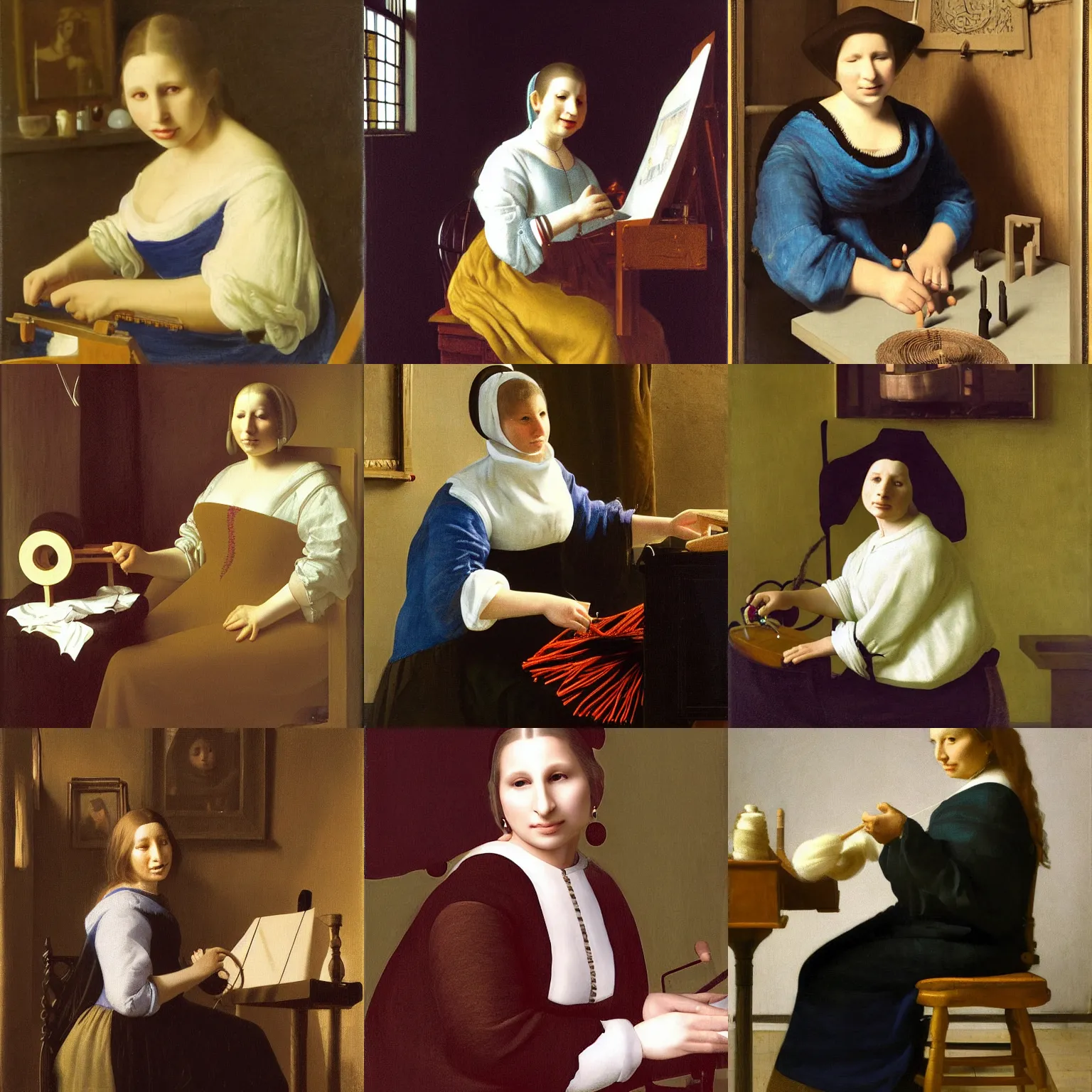 Prompt: barbra streisand sitting, spinning yarn on a spinning wheel, no makeup, wavy hair, slight smile, slightly chubby, defined facial features, symmetrical facial features. by vermeer sargent