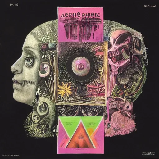 Image similar to post - punk new age album cover, asymmetrical design, dollar bank notes, capitalism, magic, apocalypse, psychedelic, black white pink, magic, giger h. r., giuseppe arcimboldo