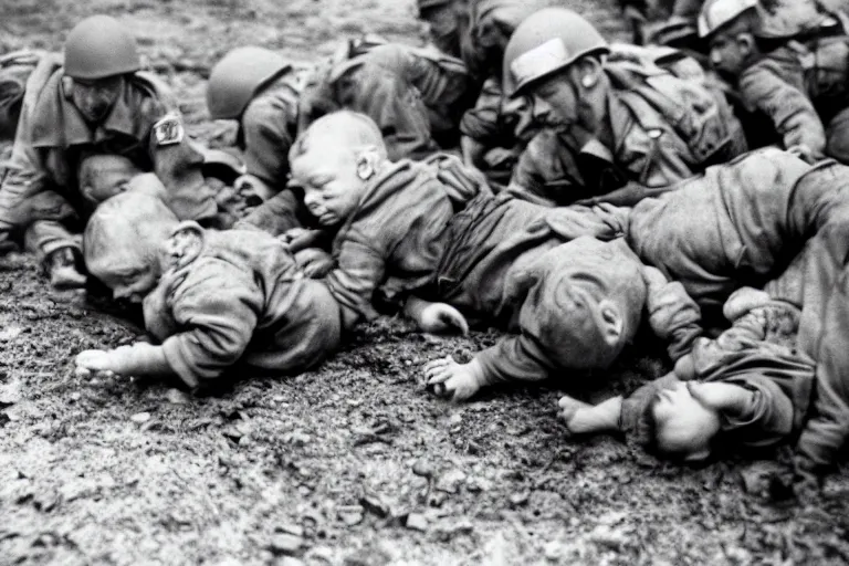 Image similar to newborn baby soldiers crawling, storming normandy, old world war 2 photo, film grain