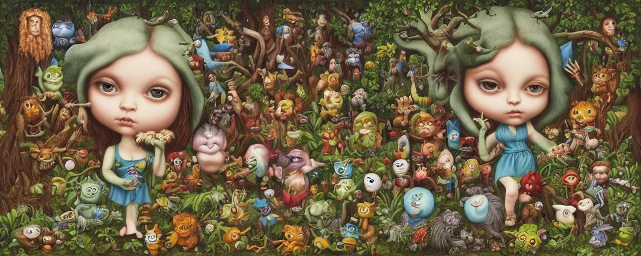 Prompt: fantasy world of forest little creatures by Mark Ryden and Alex Gross, Todd Schorr highly detailed