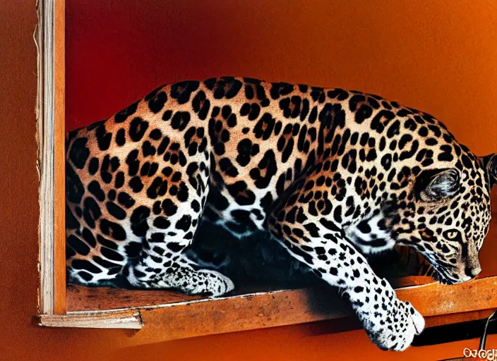 Image similar to photography of a Jaguar Cat . watching outside the window. on a bed. in a 70's room full of vinyls and posters, photorealistic, award winning photo, 100mm, sharp, high res