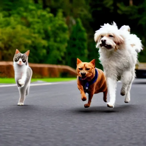 Prompt: cats and dogs race in cars
