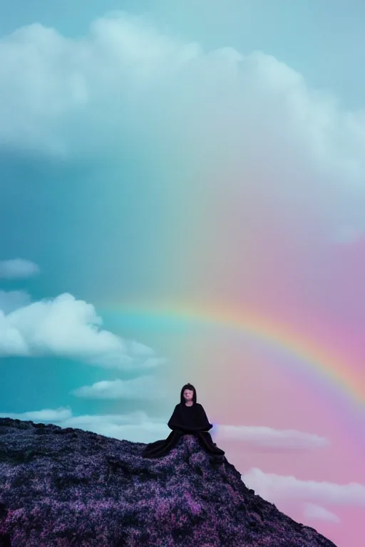 Prompt: high quality pastel coloured film photograph of a model wearing clothing resting on cloud furniture in a icelandic black rock environment in a partially haze filled dreamstate world. three point light, rainbow. photographic production. art directed. pastel colours. volumetric clouds. pastel gradient overlay. waves glitch artefacts. facial clarity. 8 k. filmic.