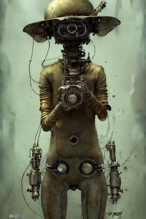 Prompt: kid robots costume | esoteric symbolism | jean - baptiste monge, esao andrews, bastien lecouffe - deharme, tim jacobus, ken currie | ultra - detailed realism, soft cinematic lighting, hi - fructose, artstation, high - quality, ink watercolors wes anderson poster art