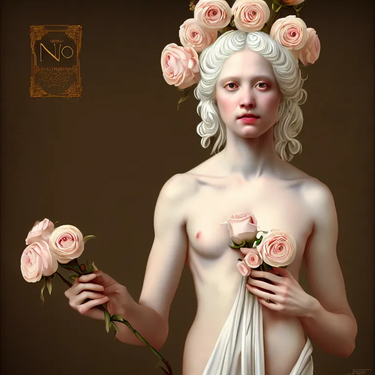 Prompt: neoclassical art closed wonderful portrait of a wonderful sweet expressive symmetrical albino goddess with wonderful eyes and dressed with a majestic semi transparent silk roses long dress, ornate, intricate, detailed, dramatic light, octane render