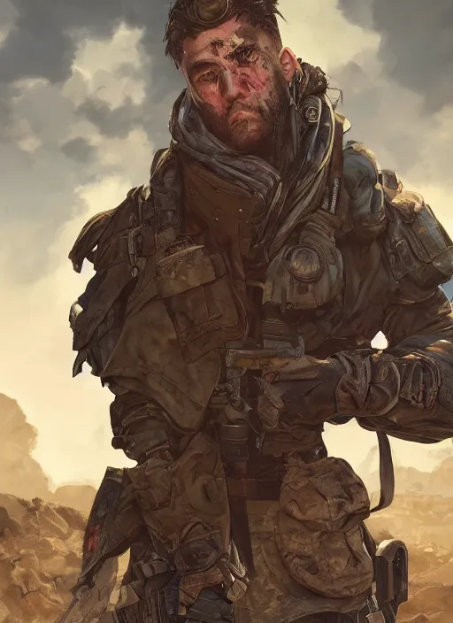 Image similar to A stunning comic book style portrait painting of a male post apocalyptic soldier, unreal 5, DAZ, hyperrealistic, octane render, cosplay, RPG portrait, dynamic lighting