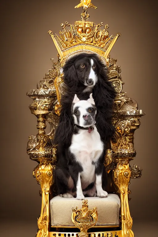 Image similar to a dog sitting on a throne with a crown on its head, professional photography