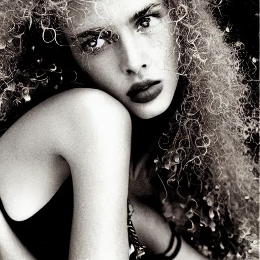 Image similar to a beautiful professional photograph by herb ritts, arthur elgort and ellen von unwerth for vogue and harper's bazaar magazines of a very beautiful lightly freckled and unusually attractive female fashion model