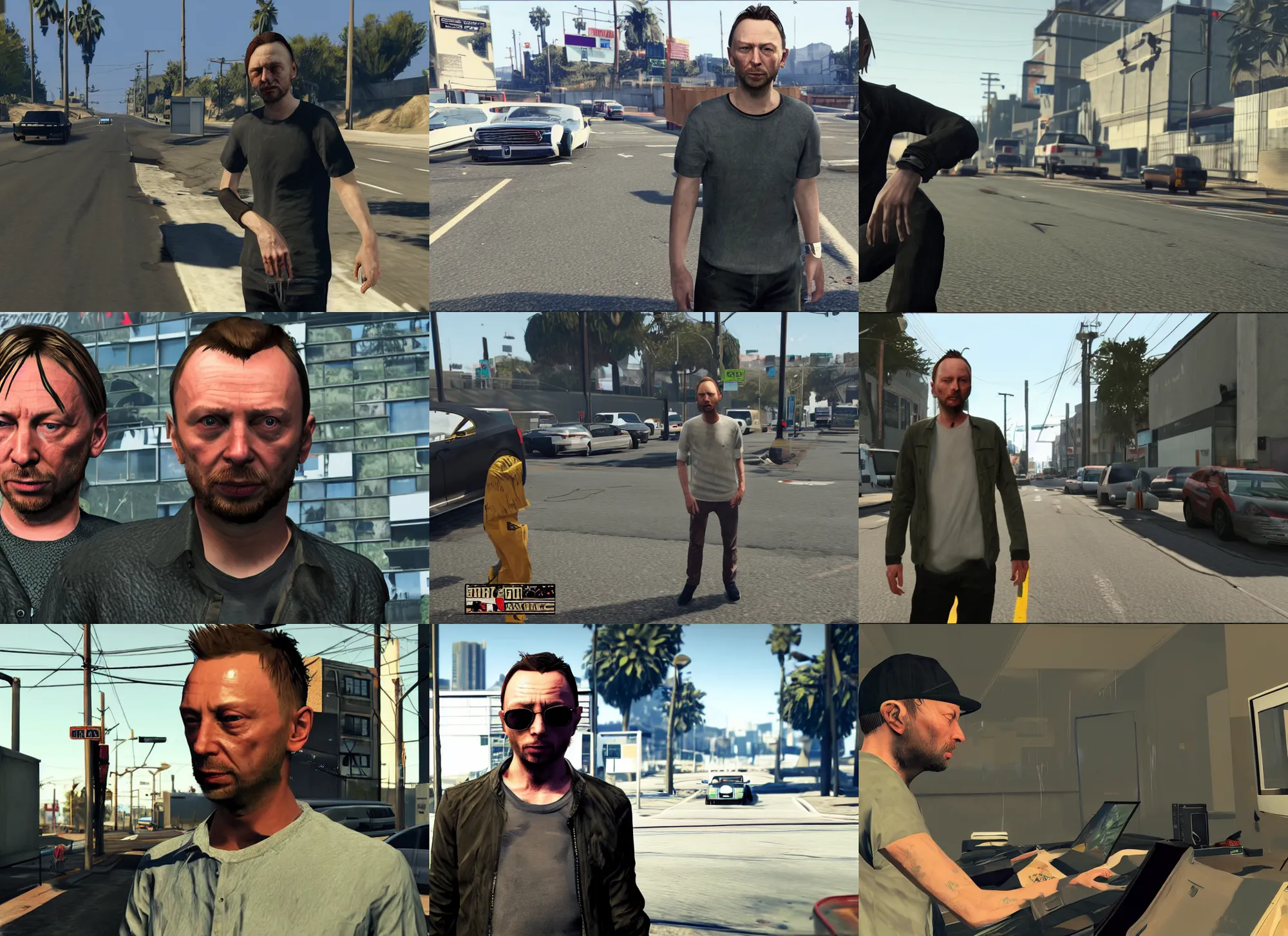 Prompt: thom yorke in gta v, gaming, screenshot, detailed, high quality