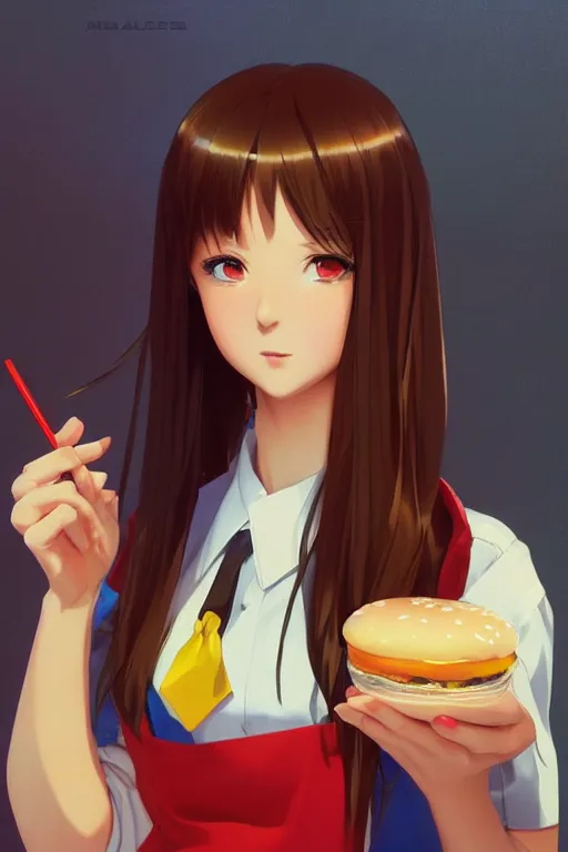 Prompt: a mcdonald's employee, girl, full shot, intriguing outfit, fine - face, realistic shaded perfect body, fine details. night setting. very anime style. realistic shaded lighting poster by ilya kuvshinov katsuhiro, magali villeneuve, artgerm, jeremy lipkin and michael garmash, rob rey and kentaro miura style, trending on art station