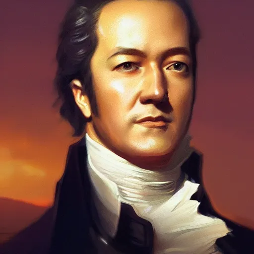 Image similar to modern day alexander hamilton closeup portrait, dramatic light, lake background, 2 0 0 mm focal length, painted by stanley lau, painted by greg rutkowski, painted by stanley artgerm, digital art, trending on artstation