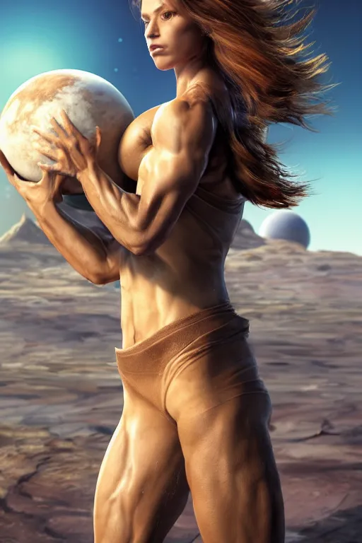 Image similar to a beautiful muscular woman carrying a giant planet Earth on her back, long hair, beautiful, hyperrealistic, concept art, octane render, unreal engine 5, trending on Artstation, high quality, 8K, soft lighting, trending on DeviantArt, highly detailed, high quality, digital art, anatomically correct, five fingers, desert in the background, path traced, complementary colors, natural lighting, epic image