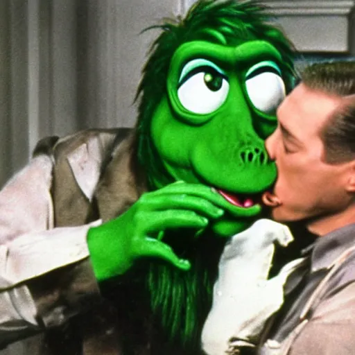 Prompt: ALF passionately kissing slimer