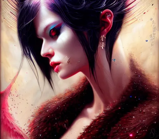 Image similar to a Angel Slayer portrait of Bayonetta , tall, pale-skinned, and long eyelashes by Stanely Artgerm,Tom Bagshaw,arthur adams,Carne Griffiths,trending on DeviantArt,street art,face enhance,chillwave,maximalist,full of color,glittering