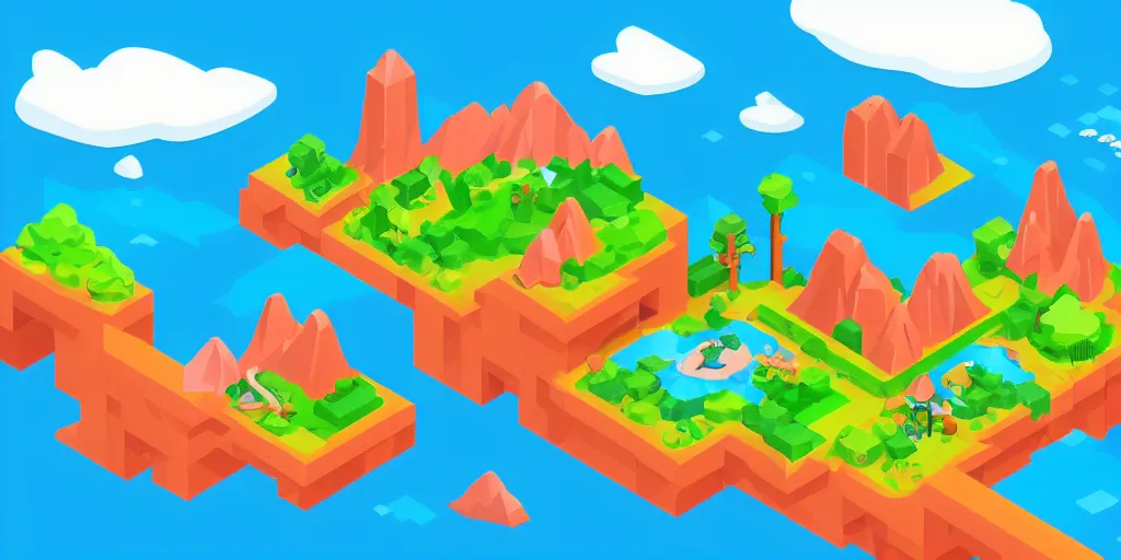 Image similar to an isometric colorful videogame world, epic mountains, azure ocean in the background, blocks